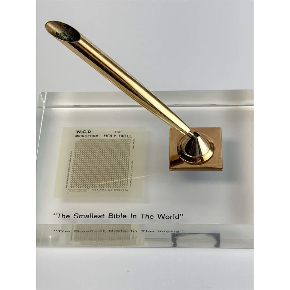 Vintage MicroBible Acrylic Pen Holder – NCR Microform Technology – Rare Desk Dis